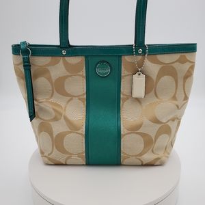 Coach Signature Pattern Purse, Tan & Teal
